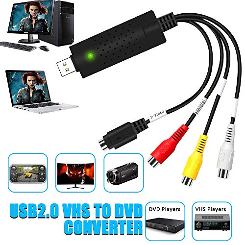 DIWUER Convertidor de Captura de Audio Video USB2.0, DVD VHS VCR Grabber Digital Grabador para Mac Windows 7 8 10, Digitalice y Edite Video