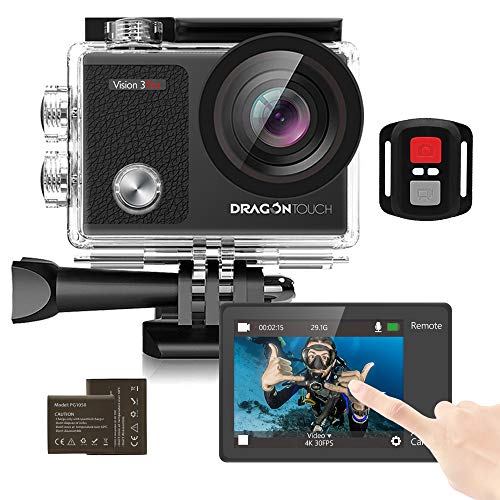 Dragon Touch Cámara Deportiva 4K 16MP WiFi Pantalla Táctil Cámara de Acción con Control Remoto 170°Gran Angular Cámara Sumergible Acuática 30m 2 Baterías y Kit de Accesorios(Vision 3 Pro)