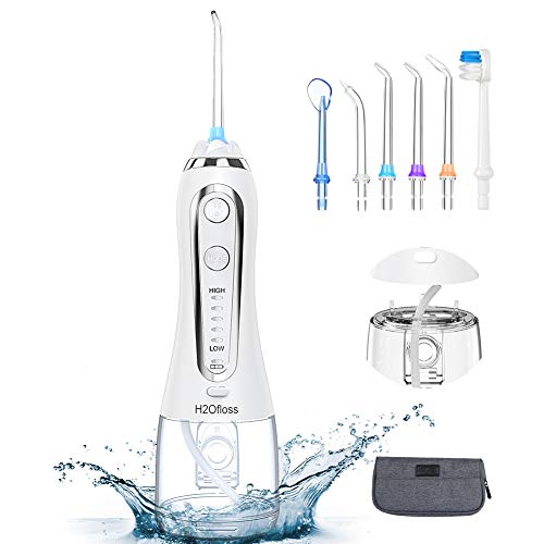 ESSEASON Irrigador Bucal Portátil Profesional - Multifuncional 300ml Irrigador Dental, 5 Modos 6 Boquillas, Tanque de Agua Extraíble, IPX7 Impermeable para Limpieza Dental, Ideal para Viaje(Blanco)