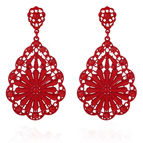 FAMILIZO Moda de señora elegante del oído del Rhinestone Flor Stud caliente 1 par (Rojo)