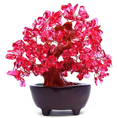 HapiLeap Árbol de Dinero, Gemas Feng Shui Adornos de árbol de Cristal curativo Figuras de árbol, ágata de geoda de Cuarzo Soporte para Oficina, Sala de Estar, decoración de Buena Suerte (Rojo)