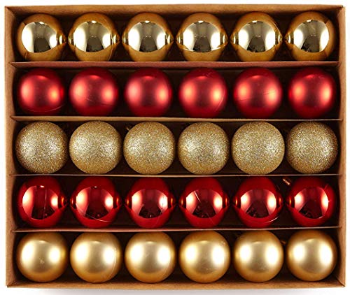 HEITMANN DECO Navidad - Juego de 30 Bolas de Navidad - Decoraciones navideñas Rojas y Doradas para Colgar del árbol de Navidad - Surtido de Bolas de plástico Resistentes a la Rotura