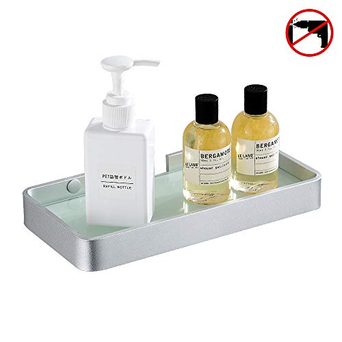 Hoomtaook Accesorios baño sin Taladro Estanteria Ducha Rectangular de Vidrio Templado Cesta de Ducha Organizador de baño sin daños Aluminio Aeroespacial Plata