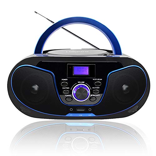 LONPOO Radio CD / MP3 Portátil Reproductor de CD con Bluetooth/ FM/ USB/ AUX-IN/ Salida de Auriculares/ 4W Estéreo Altavoz (Negro 02)