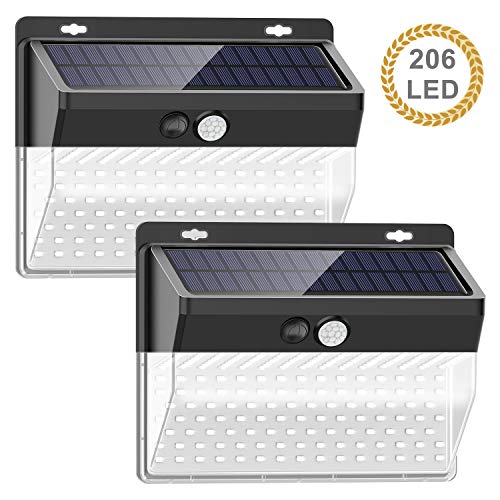 Luces solares al aire libre【206 LED / 3 Modos】, SEZAC Luces de seguridad solar Luces de sensor de movimiento solar Impermeable 65 Luces al aire libre para jardín Cerca de garaje (paquete de 2)