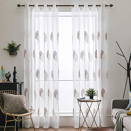 MIULEE 2 Unidades Cortinas Bordado Translucida de Dormitorio Moderno Ventana Visillos Rayas Salon Paneles con Ojales Plateados para Sala Cuarto Comedor Salon Cocina Habitación 140x225 cm Café