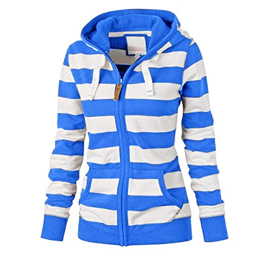 SHOBDW Mujeres Cremallera Camisetas de Manga Larga Sudadera con Capucha a Rayas Abrigos de Invierno Chaqueta de Mujer Casual Jerséis Delgados Outwear (Azul,4XL)