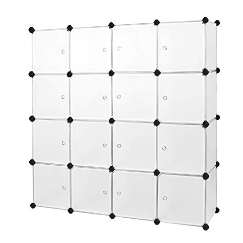 SONGMICS Armario Modular de Plástico PP, Estantería de almacenaje con 16 Cubos, 143 x 36 x 143 cm, Semitraslúcido Blanco LPC44B