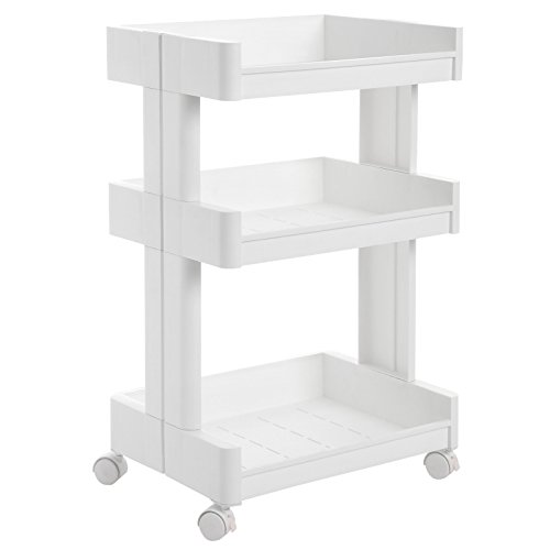 SONGMICS Carrito de Plástico con 3 Niveles, Estantería con Ruedas de PP, Organizador para Cocina y Baño, Estante de Almacenamiento, Blanco KSC01WT