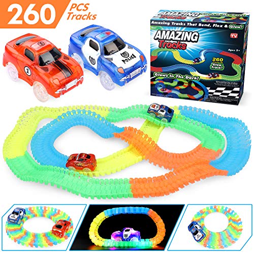 SUNYJOY Circuito Coches Juguete Niño, Flexible Coches Juguete de 260 Piezas, 1 Pegatinas, 1 Destornillador, 1 Carro de Policía y 1 Coche para Niños