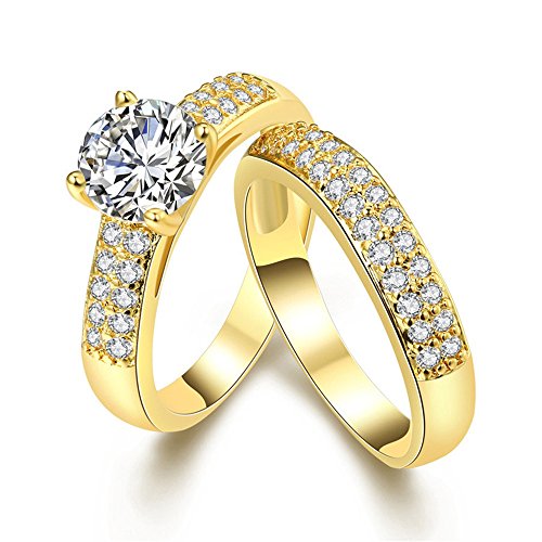 Uloveido - Anillos de Boda Dobles con Banda de Compromiso con Diamantes simulados para Mujer Set Anillos chapados en Oro (Talla 9) KR005