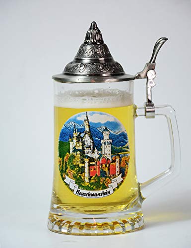 Amoy-Art Jarra de Cerveza Alemana con Estaño Tapa Hecho a Mano Regalo Souvenir Castillo Neuschwanstein Pintados Estándar de Seguridad Alimentaria Caja de Regalo 0.45 Litre