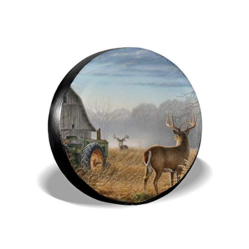 Belleeer Cubierta DE LA Rueda, Tire Cover Old Tractor Cute Deer Potable Polyester Spare Wheel Tire Cover Wheel Covers for Jeep Trailer RV SUV Truck Camper Travel Trailer Accessories(14,15,16,17 Inch)