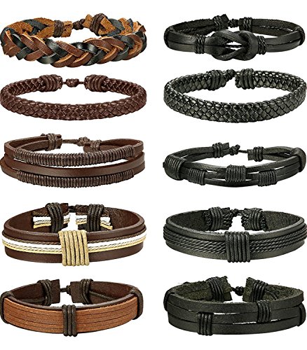 Besteel 10 Piezas Pulseras Cuero Trenzado para Hombres Mujeres Pulsera de Cuerda Nudo Brazalete Vintage Pulseras Set, Ajustable b