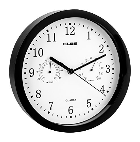 Elbe Reloj de Pared con termómetro e higrómetro, Mide Temperatura y Humedad, 25 cm diámetro, Panel Blanco Marco Negro, Funciona con Pilas