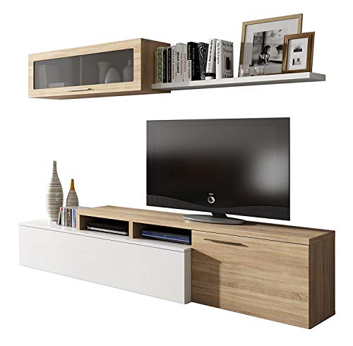 Habitdesign - Mueble de salón Comedor Moderno, Medidas: 200x41/34x43 cm de Alto (Blanco Brillo y Roble Canadian)