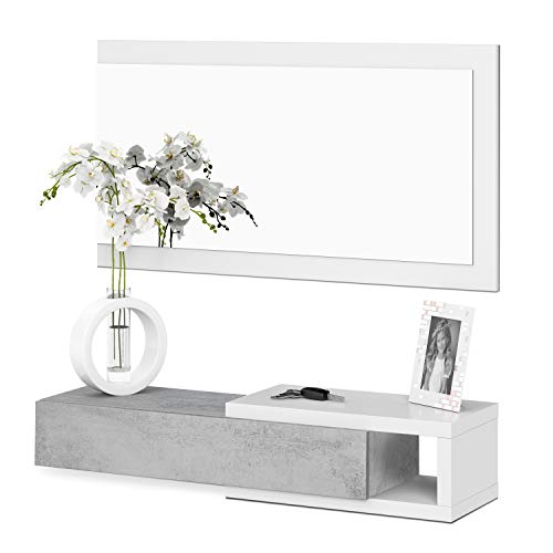 Habitdesign - Recibidor con cajón + Espejo, Medidas 19 x 95 x 26 cm de Fondo (Blanco Artik y Cemento)