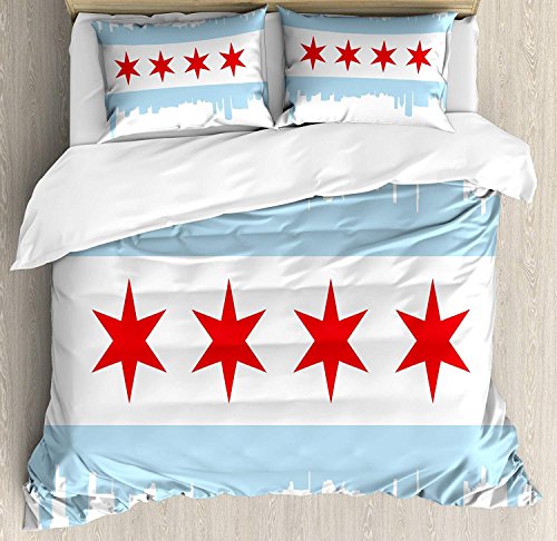 Juego de funda nórdica con cierre de cremallera 3 piezas Chicago Skyline Bandera de la ciudad de Chicago con edificios de gran altura Paisajes Juego de ropa de cama de tela hipoalergénica duradera nac