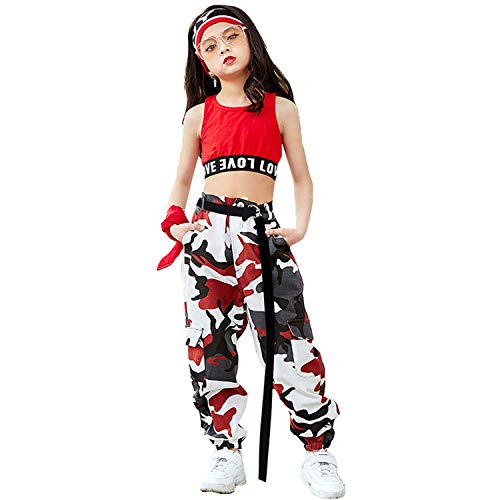 LOLANTA 2 Piezas Niñas Hip Hop Street Dance Ropa Individual Juego Crop Tank Top + Camuflaje Pantalones Basculador