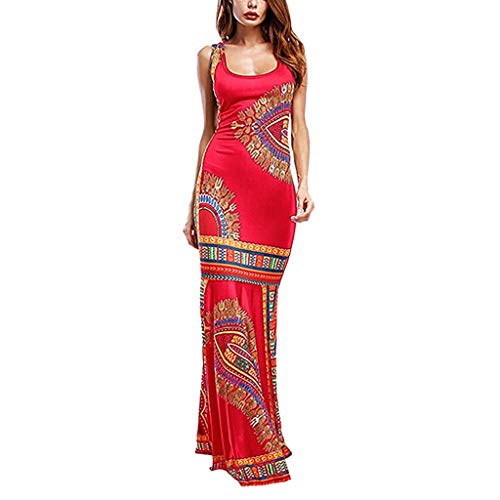 MERICAL Vestido Estilo Chaleco con Estampado étnico, Vestido de cóctel Largo sin Mangas con Estampado Floral Estilo Boho de Las Mujeres Boho(Rojo,X-Large)