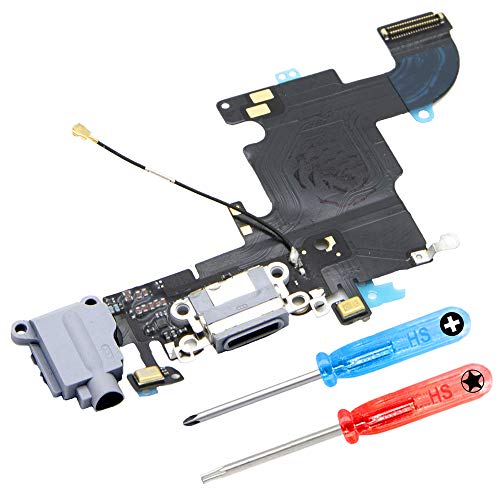MMOBIEL Conector Dock de Carga Compatible con iPhone 6S (Negro/Gris Espacial) de Repuesto Puerto USB, Cable Flex, Micrófono, Audiojack, Antena y botón de Inicio Instalado, Incl. 2 x Destornilladores