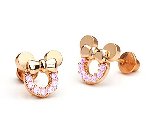 Pendientes de plata de ley en color rosa oro de circonitas cúbicas de Findout, con diseño de Mickey Mouse para niñas (f1783)