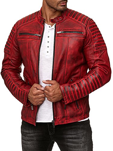 Redbridge - Chaqueta de entretiempo para hombre, piel auténtica, piel sintética, algodón, con zonas acolchadas Rojo – piel auténtica. XS