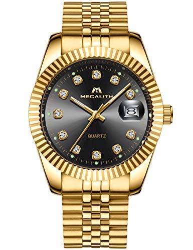 Relojes Hombre Acero Inoxidable Oro Reloj de Pulsera Moda Impermeable Fecha Calendario Clásicos Diseño Analogicos Reloj de Cuarzo para Hombres Unisexo Negocio Casual