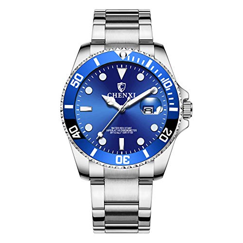 Relojes Submariner Clásico Relojes Calendario para Hombre Acero Inoxidable, Azul