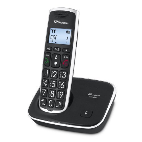 SPC Comfort Kaiser  teléfono inalámbrico color negro con teclas y digitos grandes, compatible con audífonos, agenda de 20 nombres y números y manos libres