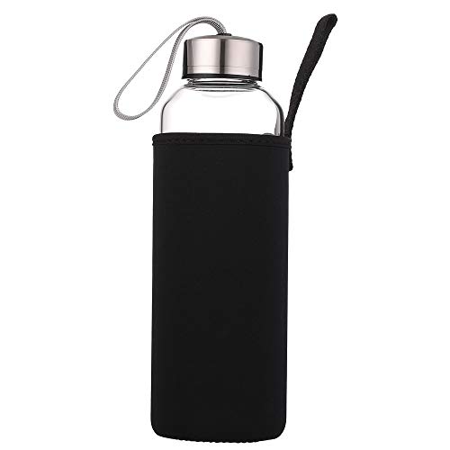 sunkey Deporte Botella Agua Cristal 550ml 750ml 1 Litro Reutilizable de Claro Vidrio Borosilicato sin Bpa Tapa de Acero Inoxidable Portátil con Funda Neopreno (1000ml)