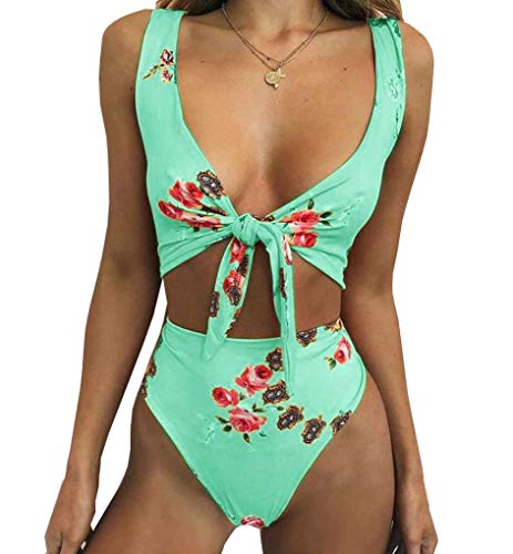 Traje de baño de Dos Piezas - Bikini - Top - Calzoncillos - Playa - Traje de baño - coordinado - niña - Cintura Alta - fantasía - Flores - Floral - Color Verde - Talla s