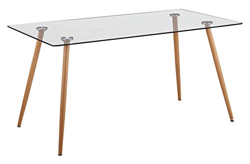 Venprodin Mesa de Salón o Comedor de Cristal Fija con Patas de Efecto de Madera de Haya, Medidas de 140x80x75