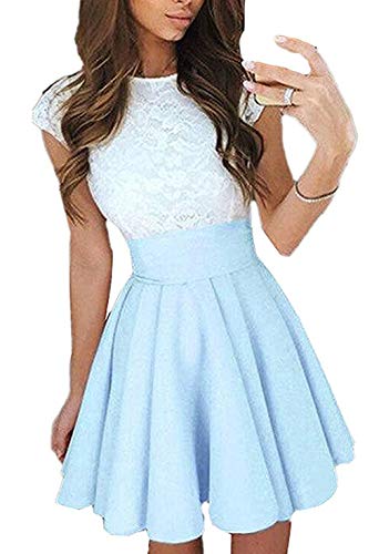 Ajpguot Verano Mujer Cuello Redondo Manga Corta Corto Vestido de Encaje Alinear Vestido de Drapeado Elegante Mini Vestidos de Fiesta Cóctel (S, Cielo Azul)