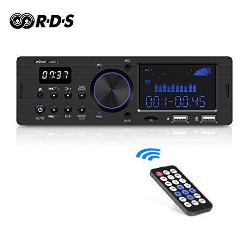 Autoradio Bluetooth Coche RDS Estéreo ieGeek, 60W X 4 Soporta FM/AM/AUX/FLAC/MP3/WMA/WAV, con Control Remoto, Reloj de visualización, Capacidad para 30 Emisoras de Radio, Manos Libres,1DIN