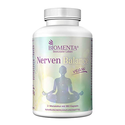 BIOMENTA equilibrio de nervios | con JOHANNISKRAUT + L-TRYPTOPHANE + LEMON MELISSE + BALDRIAN + PASSION FLOWER + HOPPING + GABA + CAMOMILA + SAFRANE + VITAMINAS | 180 cápsulas veganas por dos meses