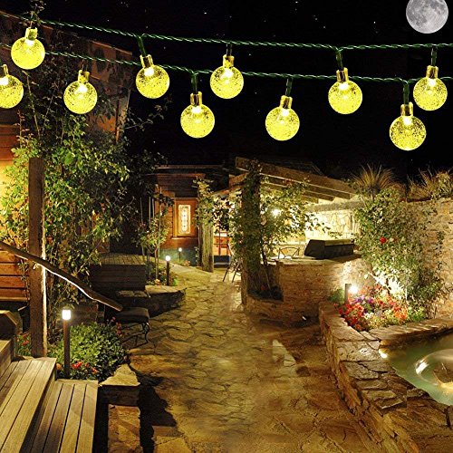 ELINKUME Al aire libre solar String Lights 6m 30 LED blanco calido bola de cristal Solar Powered mundo luces de hadas para jardin parcela camino paisaje decoracion (30 LED blanco calido)