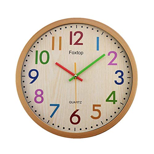 Foxtop Reloj de Pared para Niños, Silencioso, Sin Tictac, Decorativo, Colorido, Fácil de Leer para el Aula, la Escuela, la Cocina, la Sala de Estar, el Dormitorio y la Guardería (Diámetro: 30 cm)