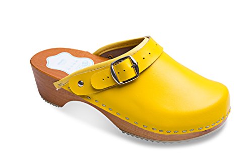 FUTURO FASHION® - Zuecos de Cuero auténtico con Suela de Madera - para Mujer - Colores Lisos Unisex - Tallas 36-42 - Amarillo - 39 EU