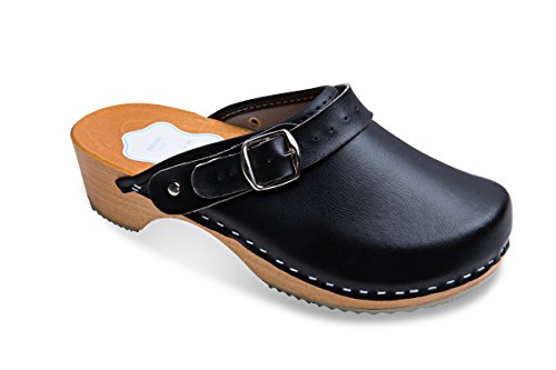 FUTURO FASHION® - Zuecos de Cuero auténtico con Suela de Madera - para Mujer - Colores Lisos Unisex - Tallas 36-42 - Negro - 38 EU