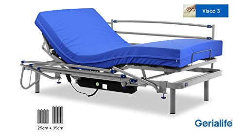Gerialife® Cama articulada eléctrica con colchón Sanitario viscoelástico y barandillas | Patas más Altas (90x190, Plateado)