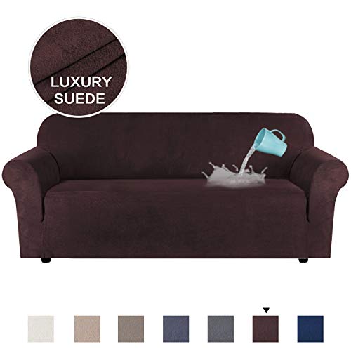 H.VERSAILTEX - Funda de sofá de terciopelo de alta elasticidad para 1/2/3 plazas repelente al agua, protector de muebles de ante, varios colores., Cuero y ante, marrón, 3 Seater:173-245cm