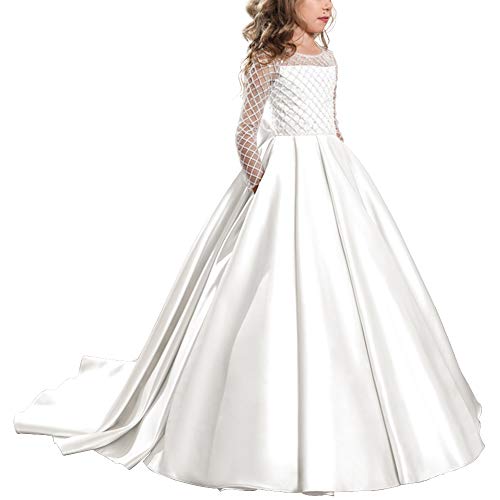 IWEMEK Vestido de la Vendimia Primera Comunión Cordón Vestido de Niña de Flores de Boda Princesa Vestidos de Noche Dama De Honor Manga Larga Cumpleaños Fiesta Bola Navidad Pageant Cóctel 12-13 Años