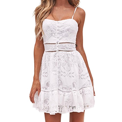 Overdose BotóN Floral De Las Mujeres del Verano De La Flor Atractiva Strappy Sling Vacaciones CóModa Playa SPA Ruffles Backless White Lace Dress (M, Blanco)