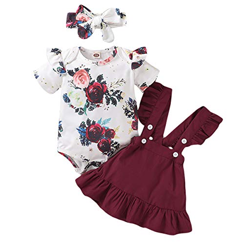 puseky Conjunto de Trajes de Diadema con Volantes Florales para Niñas Recién Nacidas de 0-18 M + Falda con Tirantes + Conjunto de Conjuntos de Diadema