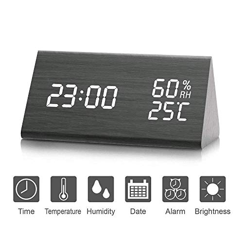 Reloj de Alarma Digital, Salón creativa moderna y simple reloj LED Digital de Triángulo madera, (año, mes, datos, 12/24 horas, hora, alarma y brillo)