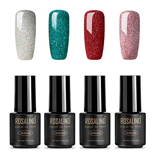 ROSALIND Esmaltes Semipermanentes de Uñas en Gel UV LED de Color Neon, 4pcs Kit de Esmaltes de Brillo Uñas 7ml ( Rainbow Gel)