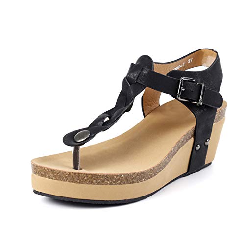 Sandalias Mujer Plataformas Cuña Verano Alpargatas Tacon 7cm Vestir Sandalias y Chanclas Romanas Flipflop Bohemias Zapatos Negro Beige Marrón 35-43 EU Negro 42