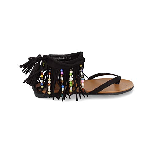 Sandalias Plana de Mujer con Flecos y Adornos Etnicos Primavera Verano 2019. Talla 39 Negro