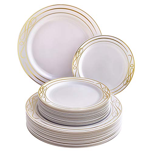 VAJILLA DESECHABLE DE 40 PIEZAS | 20 platos grandes | 20 platos de ensalada | Platos de plástico resistente | Aspecto de porcelana elegante | Colección Bella (Oro)